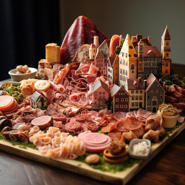 A table full of meat and meats including one that has a house on it