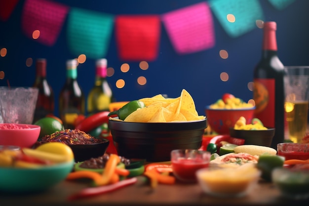 A table full of mexican food including a mexican flag