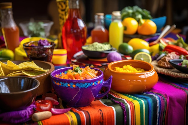 Foto un tavolo pieno di cibo messicano tra cui salsa, mais e tortillas.