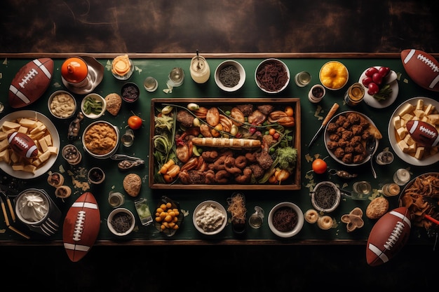 Фото Стол, полный вкусных закусок и напитков, приготовленный для просмотра американского футбола по телевизору