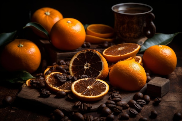 オレンジとコーヒー豆でいっぱいのテーブルとその上にコーヒー豆