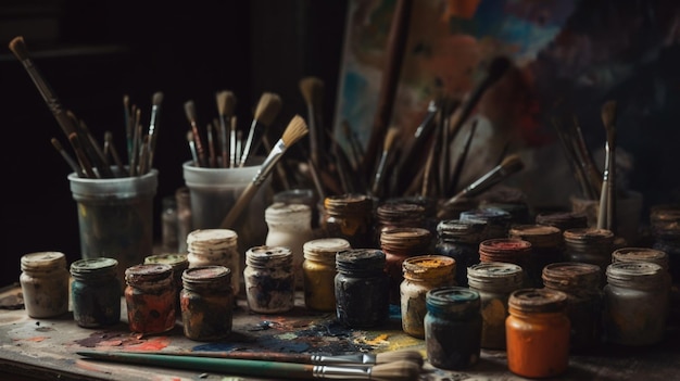 A table full of paint brushes and brushes