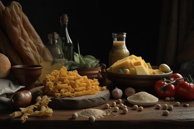 A table full of pasta and other ingredients including a bottle of red pepper, red pepper, and a bottle of olive oil.