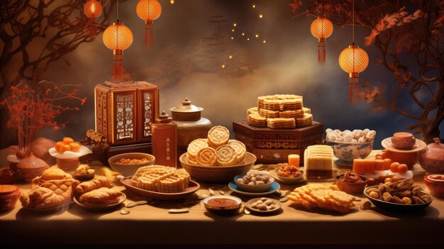 a table full of pastries and cakes with lanterns and candles.