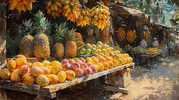 стол, полный ананасов и других фруктов, включая ананасы