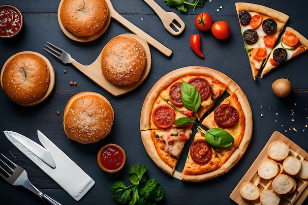 A table full of pizzas and breads with a knife and fork on it