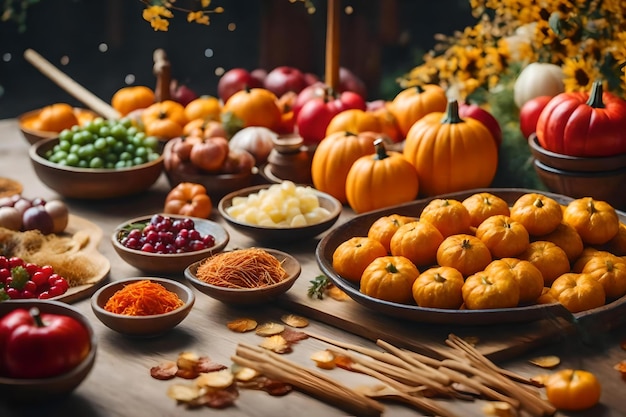 A table full of pumpkins, gourds, and other food.