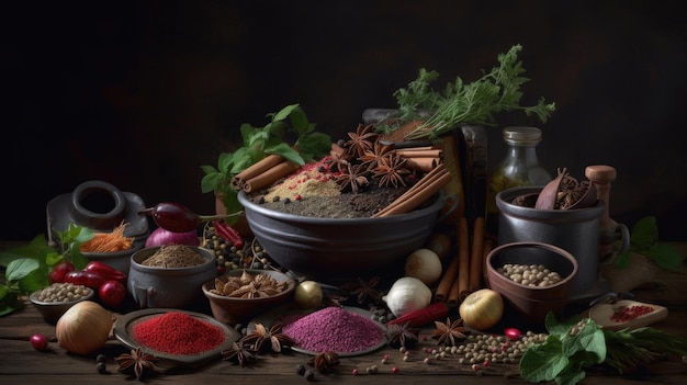 A table full of spices and herbs with a black background.