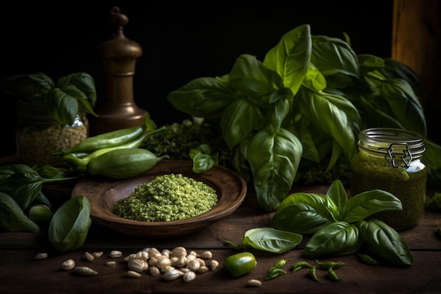 A table full of spices, including basil, basil, and basil.