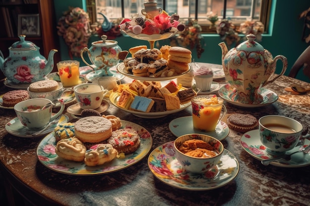 A table full of tea and pastries with a view of the city of london in the background