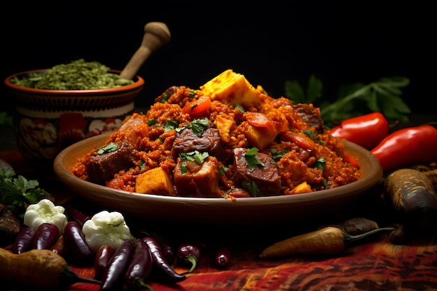 a table full of traditional african food and spices