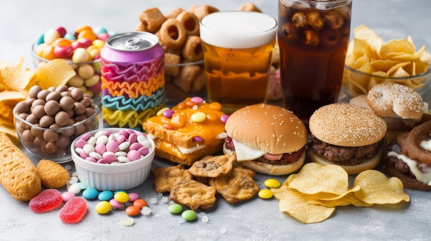 Photo a table full of unhealthy food and drinks