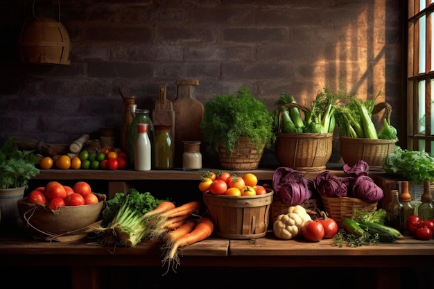 野菜と果物でいっぱいの食卓