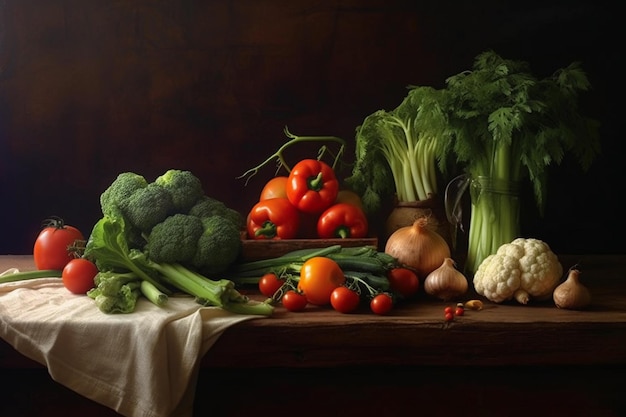 A table full of vegetables including broccoli, tomatoes, and cauliflower.