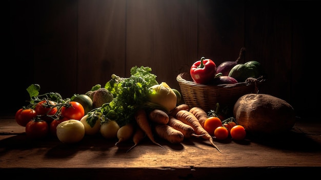 A table full of vegetables including carrots, red peppers, and other vegetables.