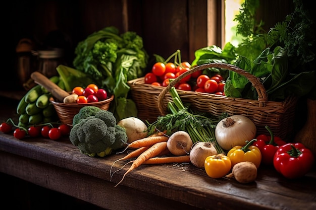 A table full of vegetables including tomatoes, broccoli, and other vegetables.