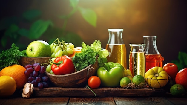 A table full of vegetables and oil