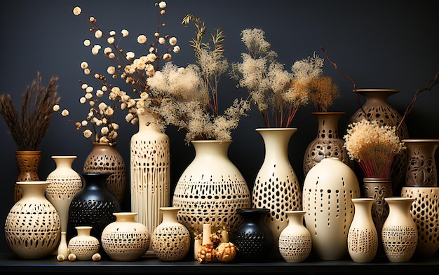 a table full of white vases and animals