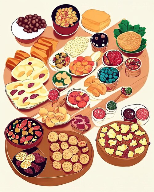 Table full with different types of snacks and sweets appetizers