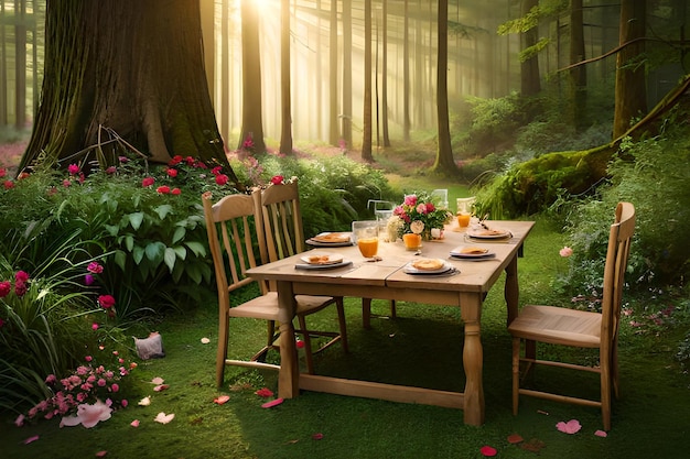 A table in a garden with a view of the sun