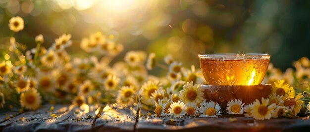 Photo the table has a bowl of honey a glass of milk and daisies