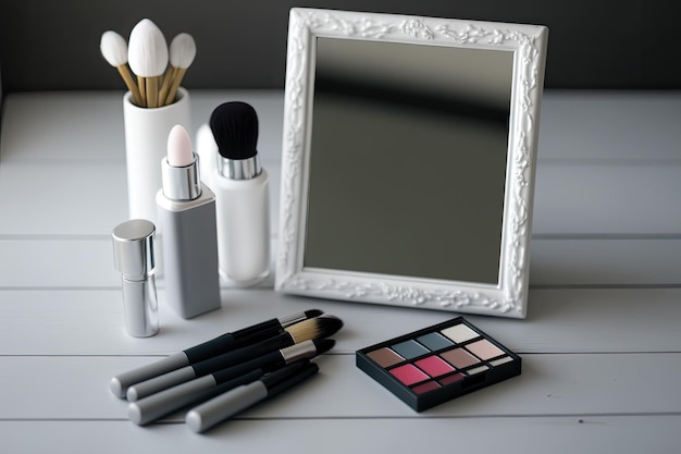 A table has lipstick a mirror and makeup