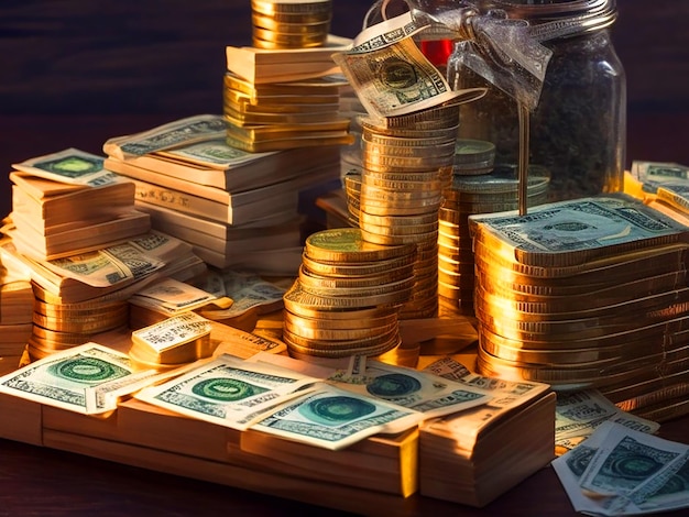 The table is overflowing with stacks of money each one representing a different aspect of wealth an