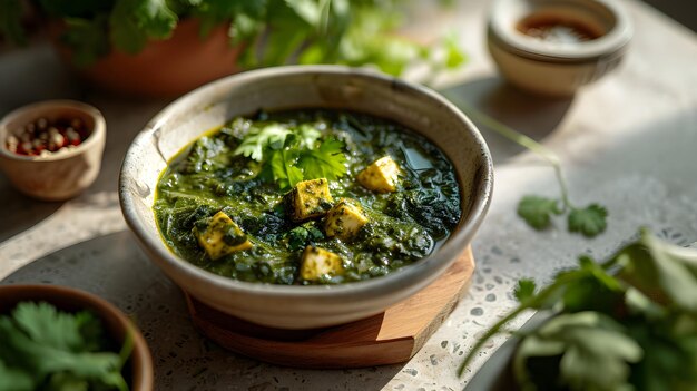 Foto sul tavolo c'è il saag paneer, un'ai generativa nord-indiana meticolosamente preparata in casa.