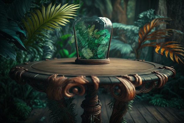 A table in the jungle with a plant inside