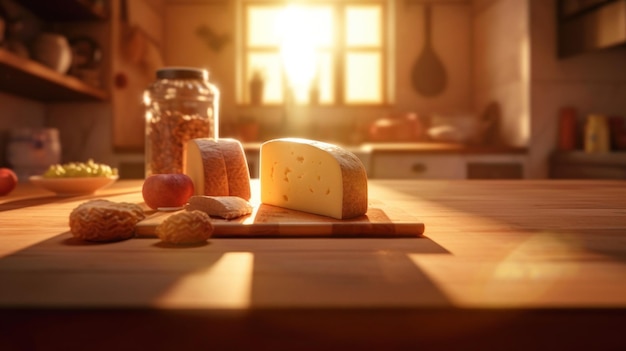 A table in the kitchen with a cheese