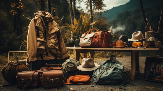 写真 森 の 隣 に 荷物 が 積もっ て いる テーブル