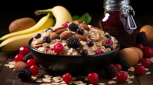 a table laid down with fresh fruits oatmeal and nuts creates the ideal beginning of the day to