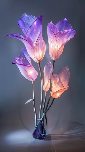Table lamp in the form of a bouquet of purple flowers with a light bulb in each flower