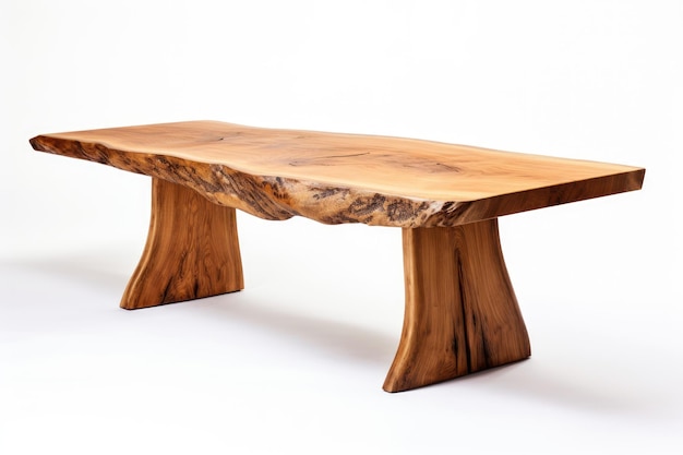 Foto tavolo in legno di olmo naturale lavorato a mano e posto su fondo bianco