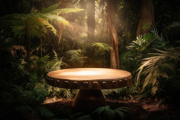 a table made of wood placed smack dab in the midst of the woods