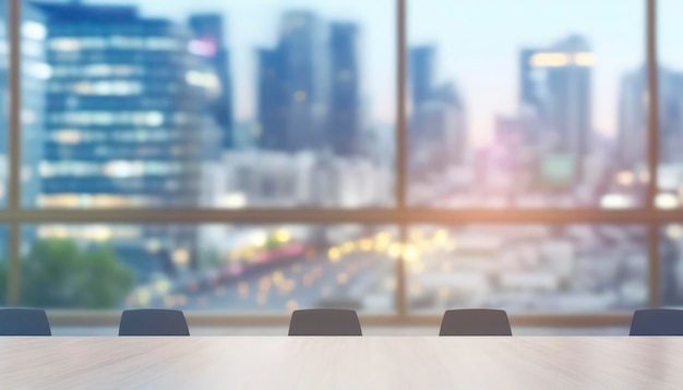 A table in a meeting room with a cityscape in the background.