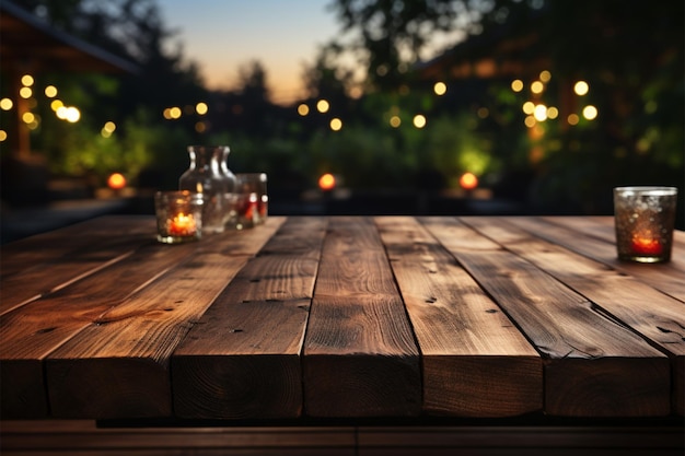 自然なスポットライトのテーブル 空き木製のプラットフォームは,屋外で製品の組み立て準備ができています.