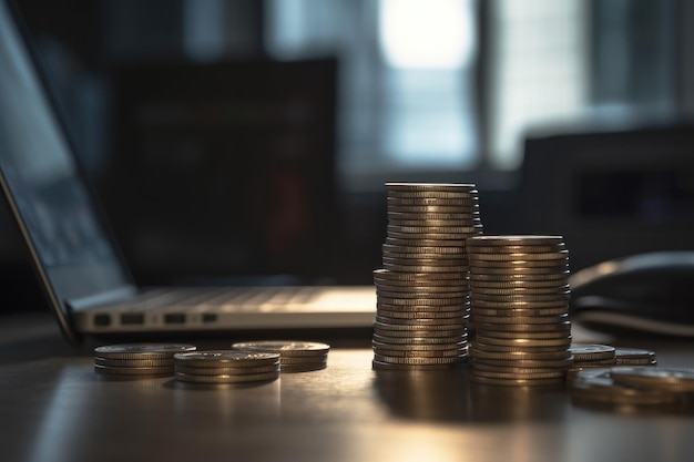 On the table in the office is a stack of coins and a computer created with Generative AI technology