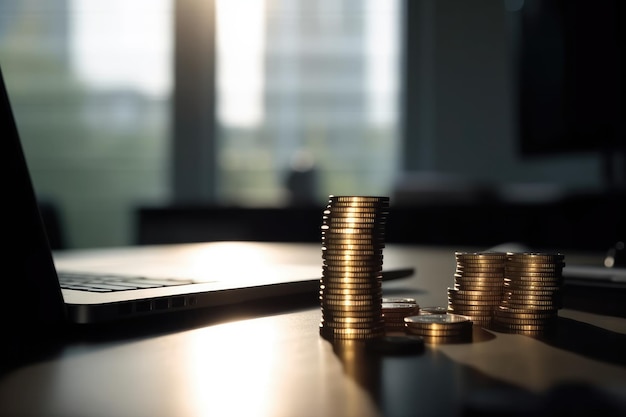 On the table in the office is a stack of coins and a computer created with Generative AI technology