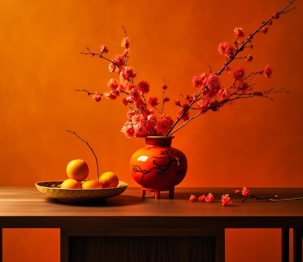 A table of orange on gold tabletop behind flower vase