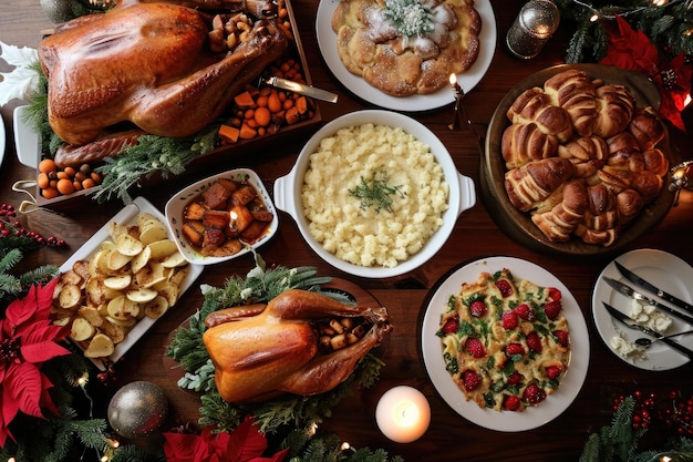 Photo a table overflowing with a diverse assortment of delectable dishes including meats vegetables fruits desserts and beverages a festive holiday feast with all the trimmings ai generated