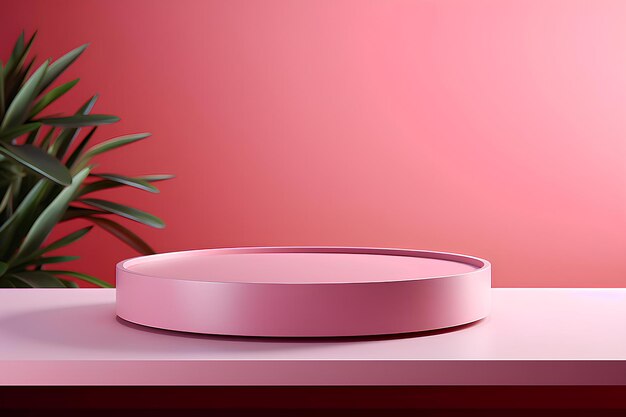 A table on a pink background with a plant and circular plate