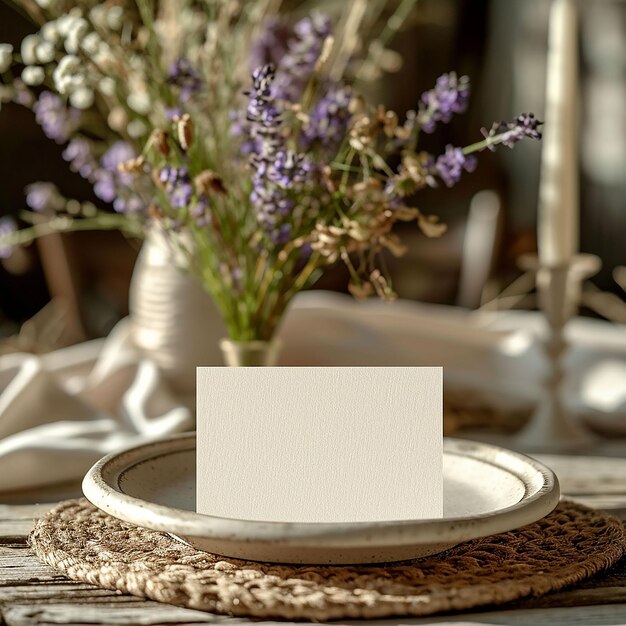 Table place with blank card Boho wedding place card mockup