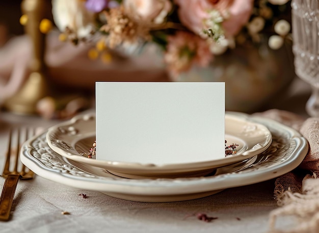 Table place with blank cardBoho wedding place card mockup