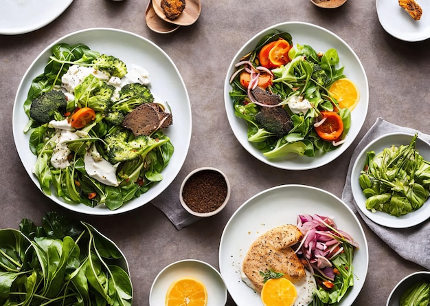 A table of plates of food including a salad with a salad and a plate of salad.