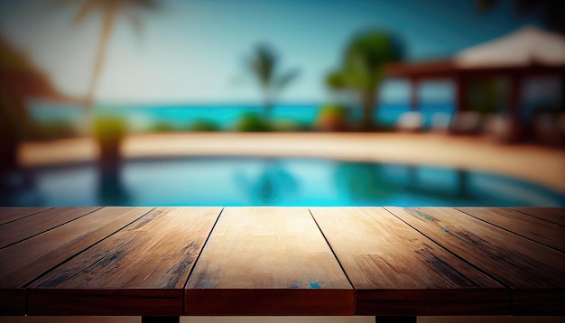 Table Pool Mockup Wooden Background Space by the Hotel Swimming Pool Abstract Generative AI Illustration