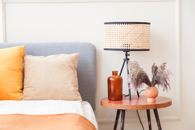 table and potted plant on sofa at home