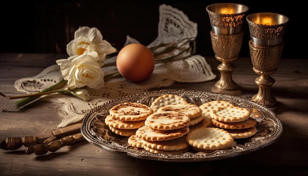 Table prepared with traditional food to celebrate Passover