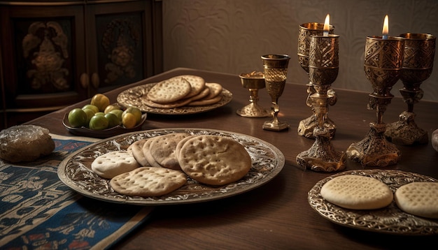 Table prepared with traditional food to celebrate Passover