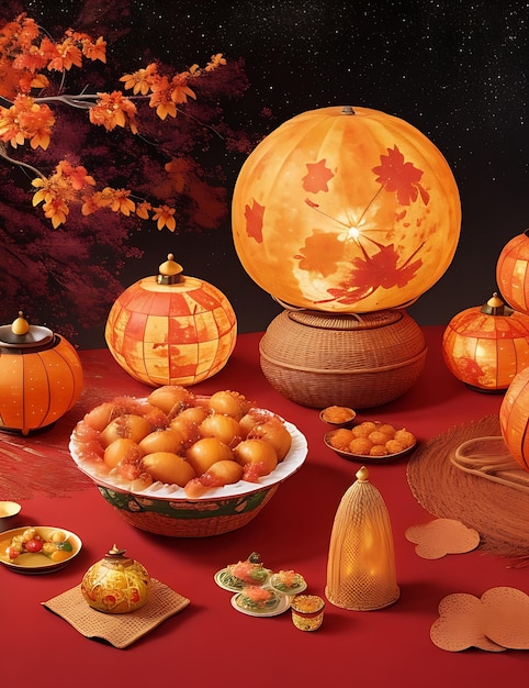 A table of pumpkins and other items including pumpkins apples and oranges AI GENERATED